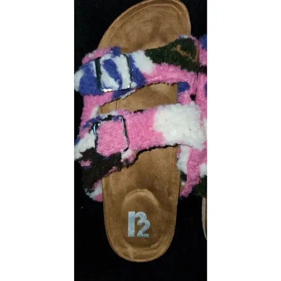 R2 Bernette Multi Color Fuzzy Slip On Sherpa Strap Faux Suede Camo Sandals 9 New - Picture 2 of 5
